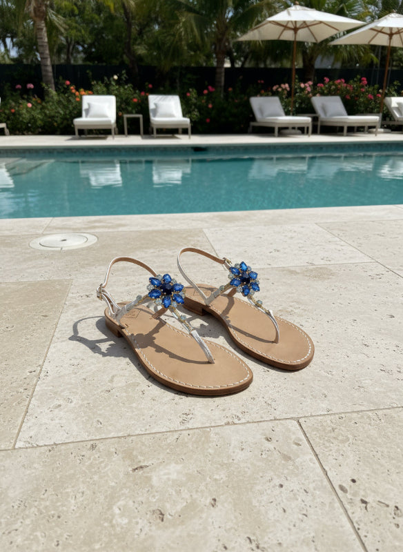 Aria blue and white sparkly Swarovski crystal sandals poolside.