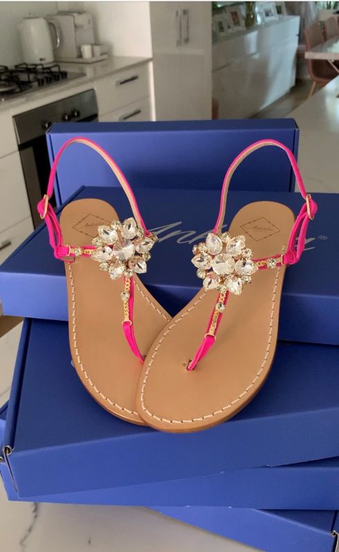 hot pink sparkly swarovski crystal flat leather sandals
