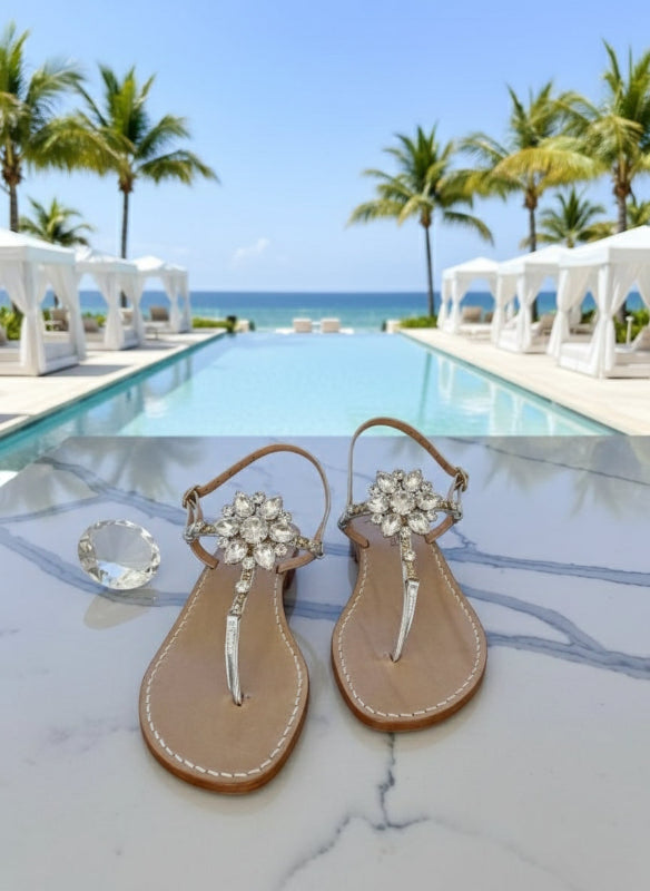 Ankalia Saskia silver Swarovski crystal luxury sandals poolside