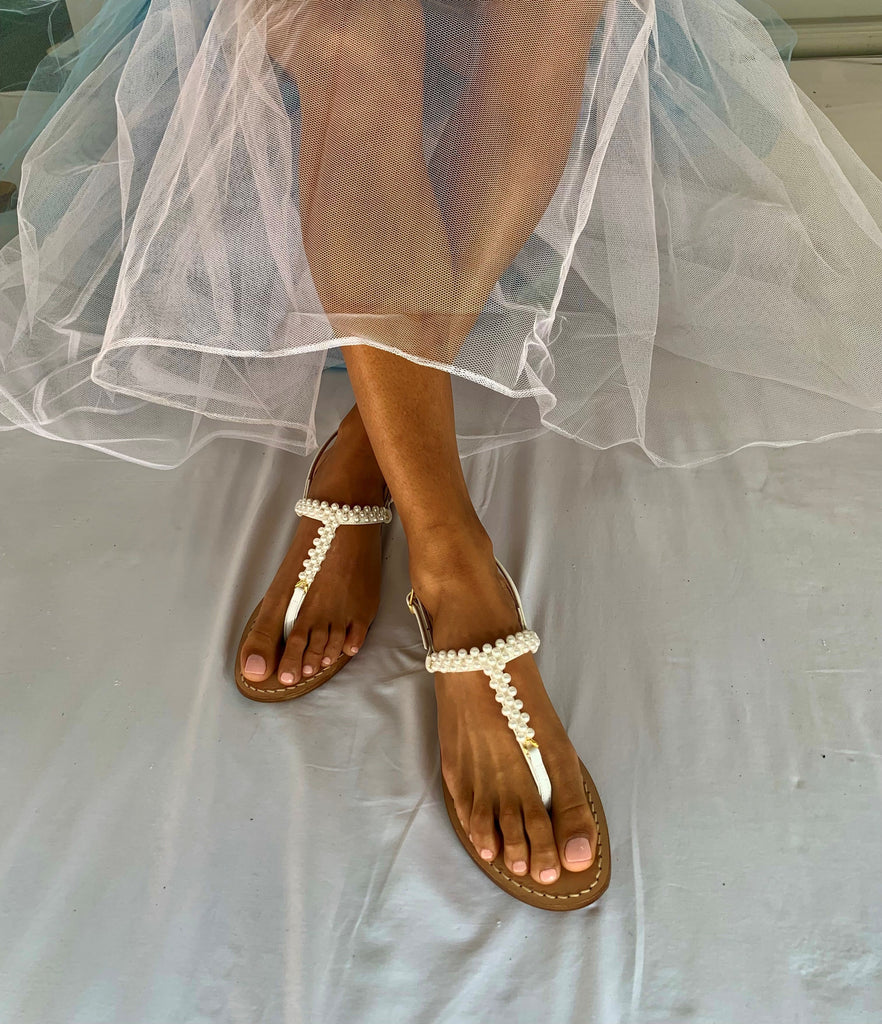 ankalia white pearl wedding flat sandals