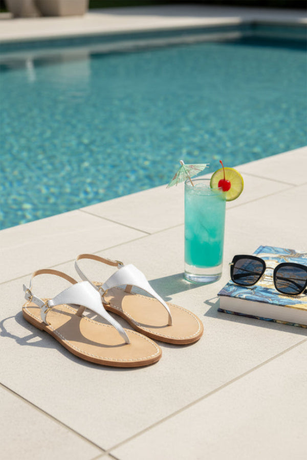 White flat leather sandals next to a swimming pool.