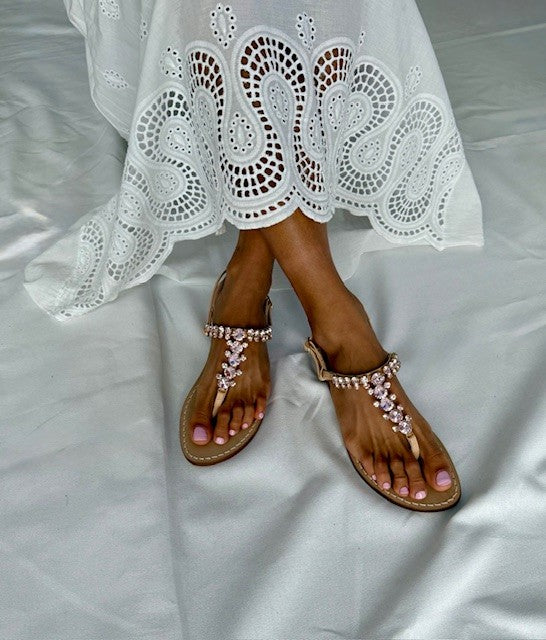 pastel_pink_sparkly_sandals_beige_leater_flat_sole_white_dress