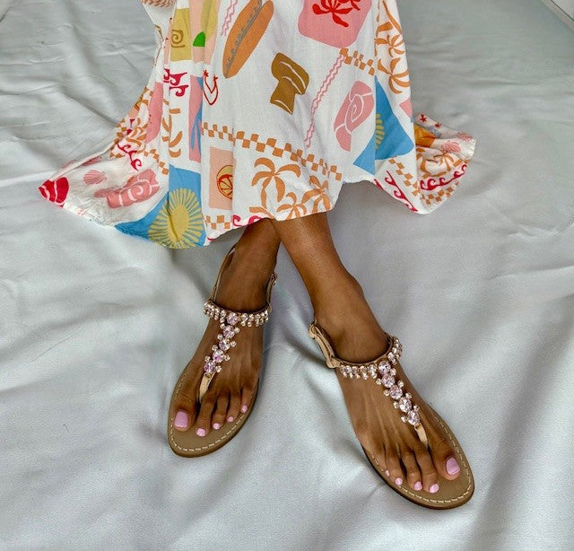 Pale_pink_sparkly_flat_sandals_with_nude_leather_patterned_dress