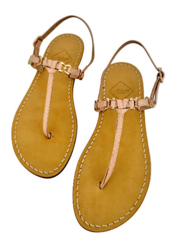 Pair of pale pink leather sandals with gold hardware on a white bckground.