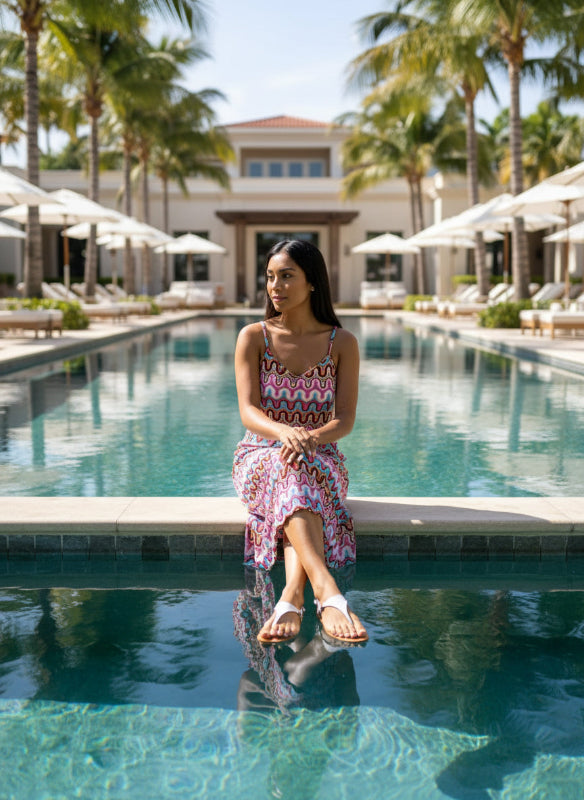 Lady wearing a colorful dress with a pattern and white flat sandals sitting at a resort pool.