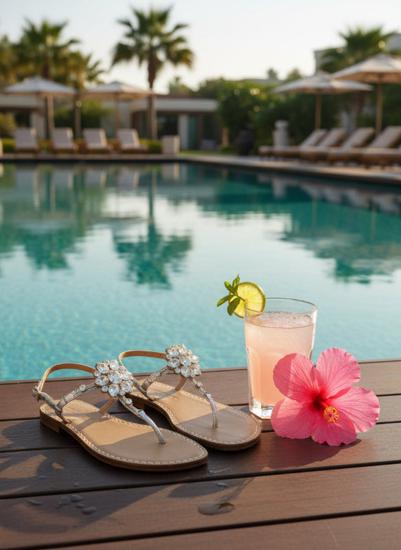 Pair of silver sandals with Swarovski crystal sparkly embellishments on a white background