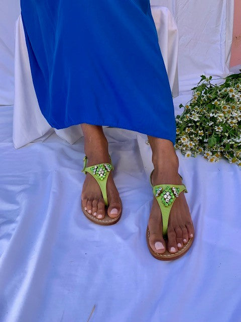 Ankalia Amanda apple green flat leather Swarovski crystal sandals