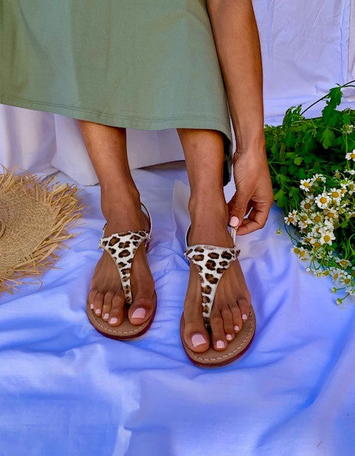 Ankalia savannah leopard print flat leather sandal